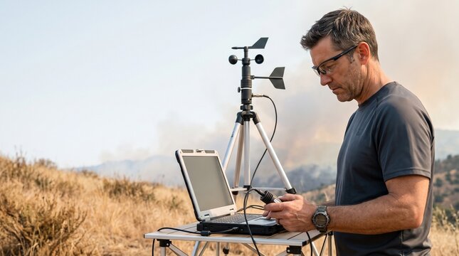 Wildfire weather monitoring, specialist checking wind and humidity instruments in dry field, vertical climate science portrait with smoky sky copy space