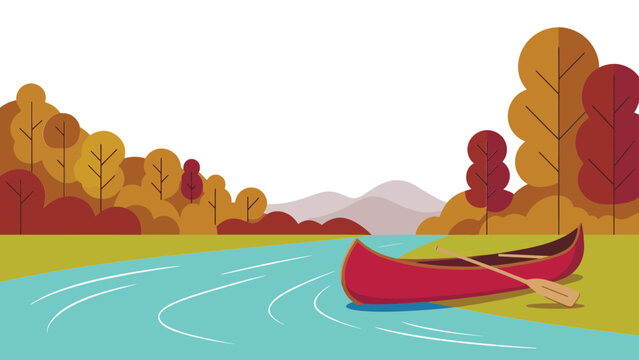 Red canoe resting on a peaceful riverbank surrounded by vibrant autumnal forest landscape illustration