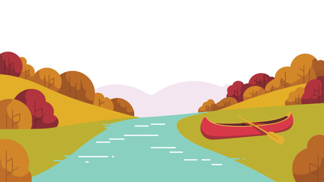 Autumn river landscape vector illustration with shore surrounded colorful canoe resting grassy