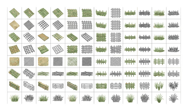 Isometric garden landscape tileset with grass, hedges and fences.