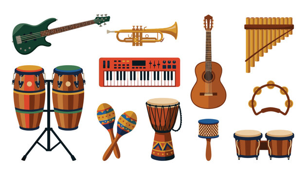 Musical instruments icons set with guitar trumpet keyboard congas djembe bongo maracas pan flute and tambourine vector