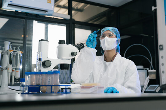 Lab work, scientists holds a test tube takes the test from a test tube in analysis for vaccine development.