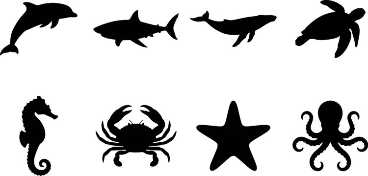 Set of sea animal black silhouettes featuring dolphin shark whale turtle seahorse crab starfish octopus isolated on white background