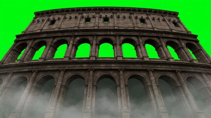 Obraz premium Ancient Roman Colosseum facade isolated on green screen for digital compositing