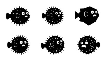 Puffer Fish Icons, Set of 6 Black and White Vector Illustrations, Marine Life Characters with Surprised Expressions, Underwater Aquatic Animals © Mahiya