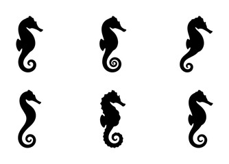 Seahorse Silhouettes Vector Set, Marine Life Icons, Ocean Creatures Graphics, Nautical Design Elements, Black and White Aquatic Animal Shapes © Mahiya