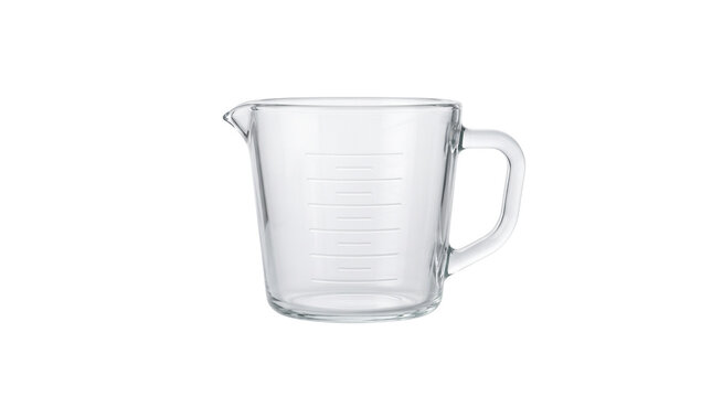 Clear glass measuring cup with handle and pour spout, transparent kitchen measuring jug with scale lines, professional culinary glass pitcher isolated PNG with Transparent Background