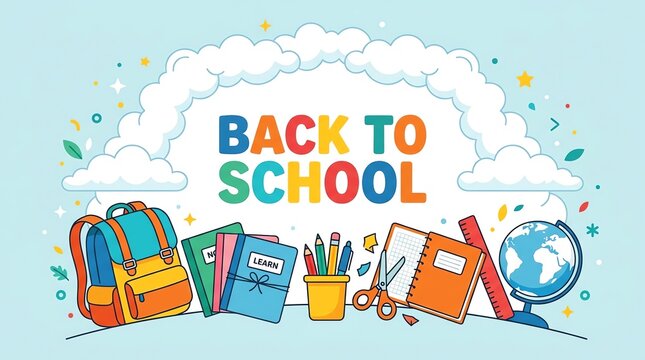 Colorful back to school background featuring a backpack books stationery and a globe with white fluffy clouds