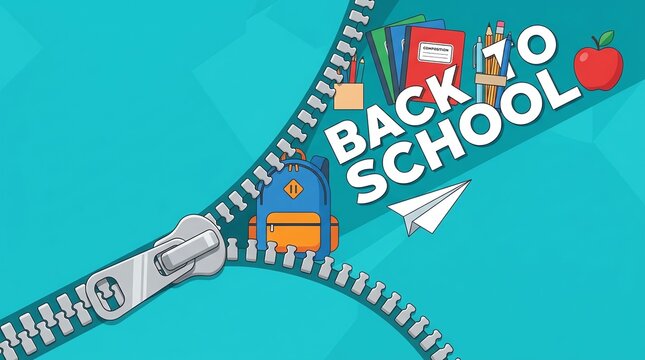Back to school concept with an open zipper revealing various school supplies on a bright teal background