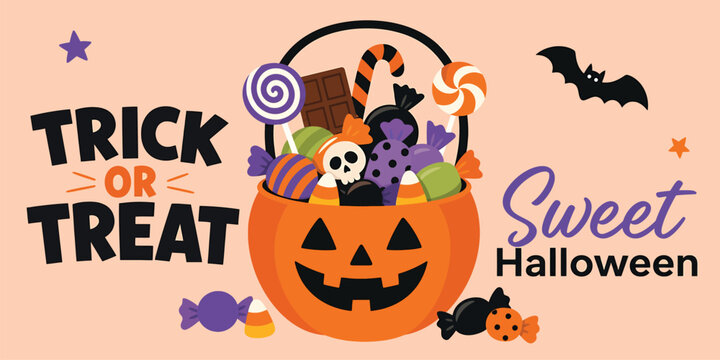 Halloween trick or treat bucket with candies, chocolate, lollipop, and sweets vector illustration of a jackolantern pumpkin basket full of candy for halloween celebration