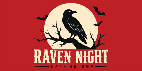 Naklejka premium Raven night dark autumn halloween vector illustration with crow on tree branch, full moon and bats on red background