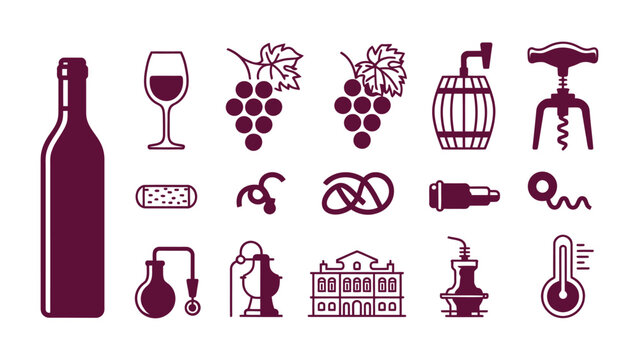 Collection of minimalist wine production and viticulture icons set for beverage industry design projects