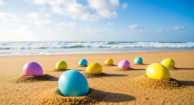 Colorful eggs partially buried in sand on a beach with ocean waves under a sunny sky