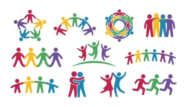 Colorful human figures set representing unity community diversity support partnership teamwork and social connection flat vector concept icons collection