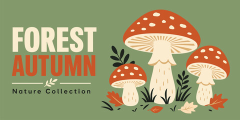 Fototapeta premium Autumn forest composition with red mushrooms and fallen leaves on a green background vector illustration of woodland nature elements for seasonal design