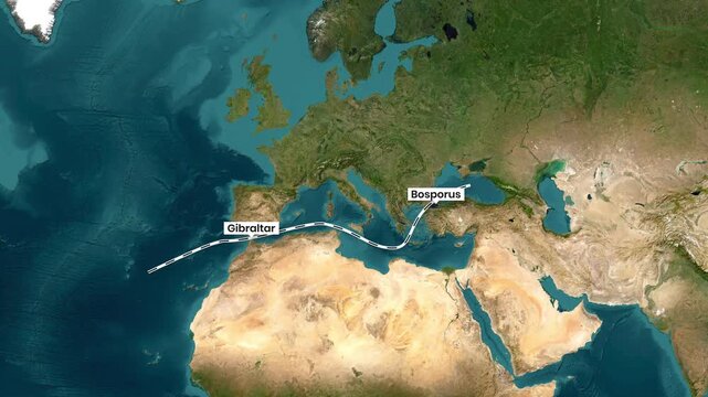 World Map Showing Maritime Shipping Route From the Bosporus to the Panama Canal