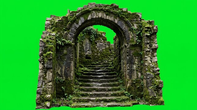 Ancient moss-covered stone archway with weathered steps leading to a mysterious tunnel