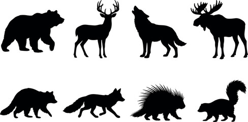Obraz premium Set of forest wild animal black silhouettes featuring bear deer wolf moose raccoon fox porcupine skunk isolated on white background