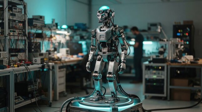 Standing humanoid robot on a charging pedestal in a robotics lab with sensor dome, cable harness, brushed aluminum limbs, and cyan glow.