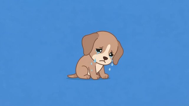 Sad puppy crying with tears on its face. Cartoon illustration of a lonely dog feeling unhappy and depressed. Design element for emotional expressiveness and animal care concept.