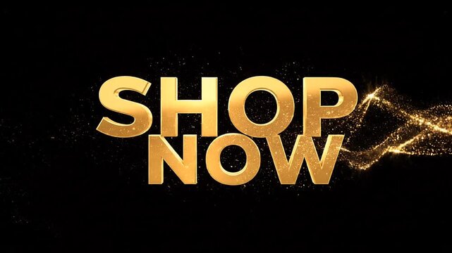 Golden 3D Shop Now text appearing with shimmering particles and lens flare on black background