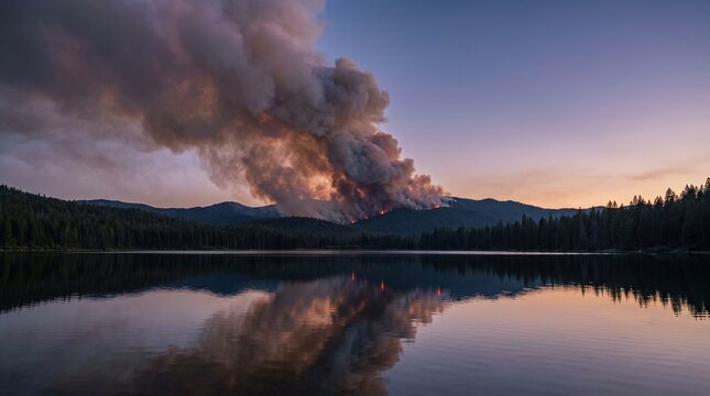Wildfire smoke over lake, towering plume reflected in calm water at sunset, panoramic environmental disaster landscape with distant ridge flames and copy space