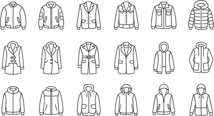 Men and Women Winter Jackets and Coats Line Icon Set with Outerwear Hoodies Parkas and Blazers for Fashion Retail Apps © Art by Chandon