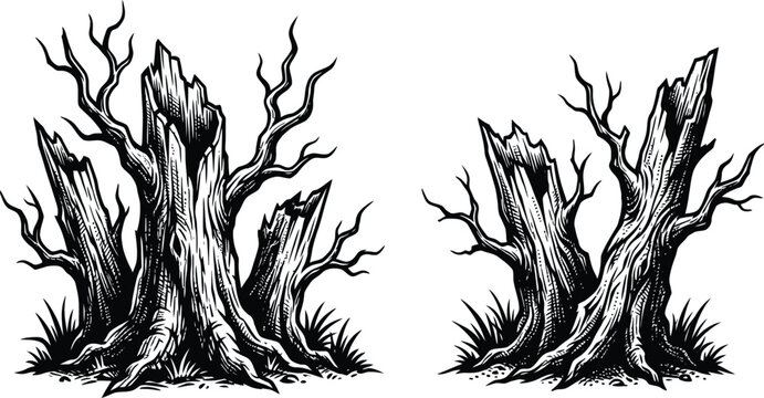 Dead Tree Stump Silhouette Collection With Gnarled Branches Vintage Vector Illustration
