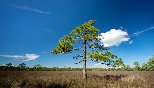 An Old Growth Longleaf Pine Tree Against A Blue Sky And Single Cloud Wade Tract Preserve