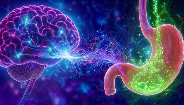 Brain and stomach connected by glowing neural network gut brain axis microbiome neuroscience health concept vibrant colorful