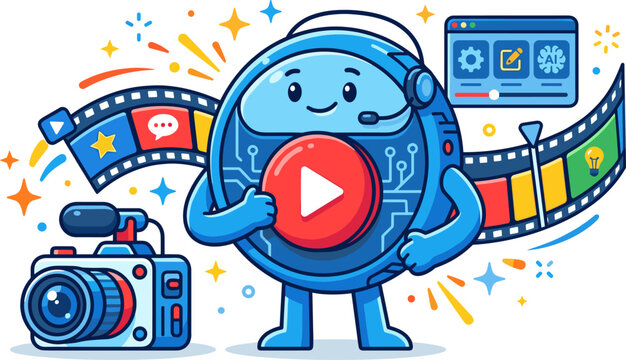 Cute cartoon robot character with play button and film strip for video editing and content creation concept
