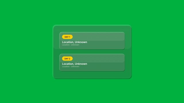 An animated flat green card containing sequential daily task elements, featuring yellow tags and