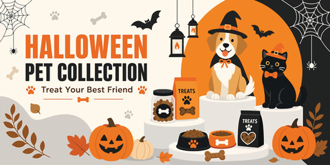 Halloween pet collection banner with cute dog and cat in costumes, treats, pumpkins and autumn leaves vector illustration for pet shop promotion, holiday sale, party invitation or social media post