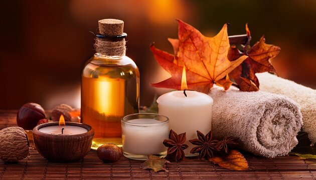 Herbst Spa Still Life Duftkerzen Und Massageol