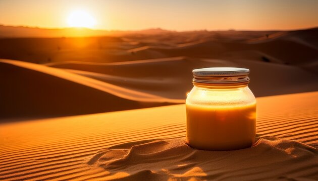 A Jar Of Manna Resting On Desert Sand At Sunrise