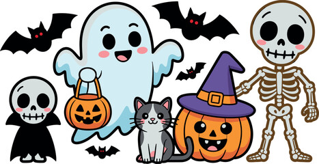 Obraz premium Cute Kawaii Halloween Characters Vector Set with Skeleton Ghost Pumpkin Cat and Bats