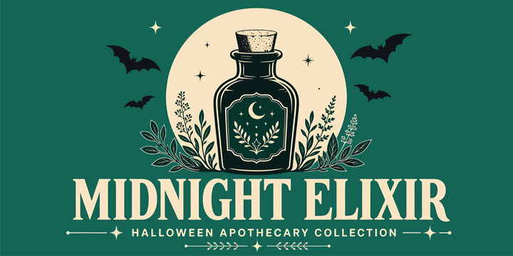 Midnight elixir halloween apothecary collection label design with potion bottle, crescent moon, stars, and bats on a dark green background