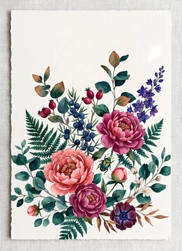 Botanical watercolor painting of a flower bouquet with a decorative beetle. Elegant floral illustration with peony, berry and fern leaf arrangement for greeting card and wedding design.