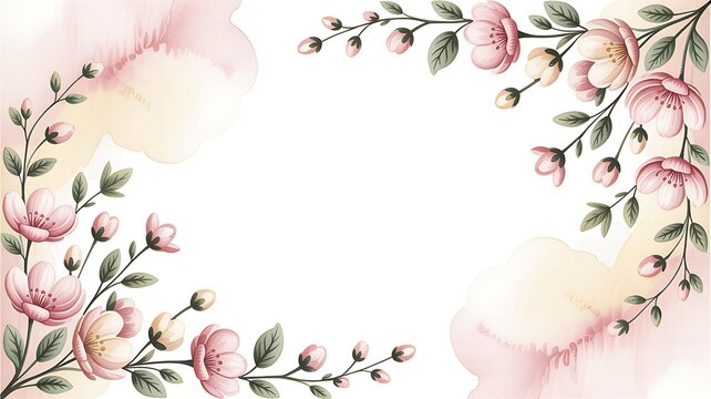 Elegant watercolor floral frame with soft pink roses and leaves