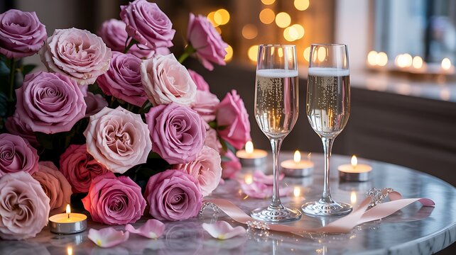Two glasses of champagne with purple roses and candle light
