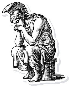 Vintage Engraving of Ancient Greek Warrior Titan Sitting in Deep Thought, Classical Mythology Pensive Figure Vector Illustration