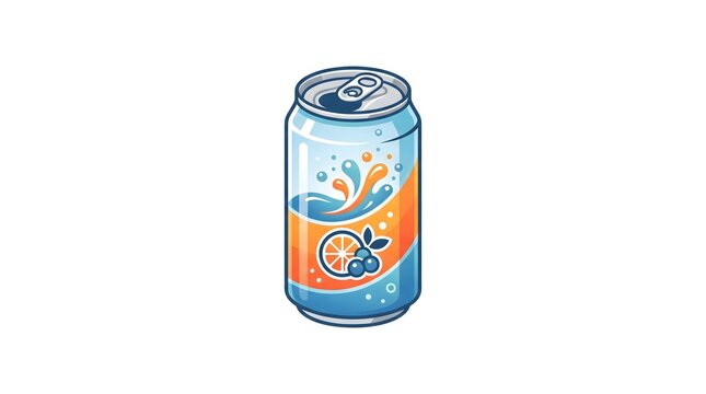 Vector illustration of an opened aluminum soda can featuring a refreshing orange and blueberry carbonated drink design with liquid splashes 