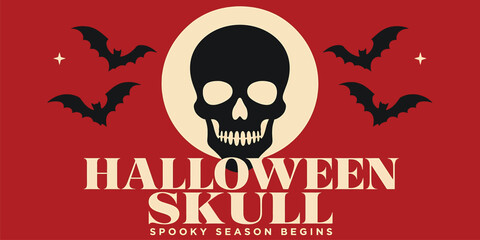 Fototapeta premium Halloween skull illustration with bats and moon, spooky season begins text design for holiday celebration