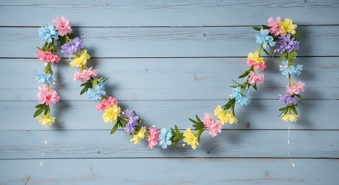 Colorful artificial flower garland hanging on a rustic blue background