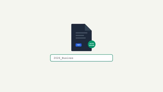 Document file icon renaming animation with automated text input for 2024 business report summary on clean white background interface.