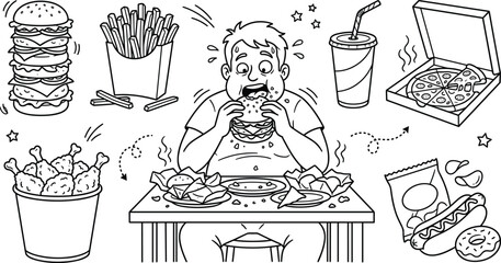 Gluttony Fast Food Concept Vector Illustration with Overeating Man Eating Hamburger, Pizza, French Fries, Fried Chicken, and Soda
