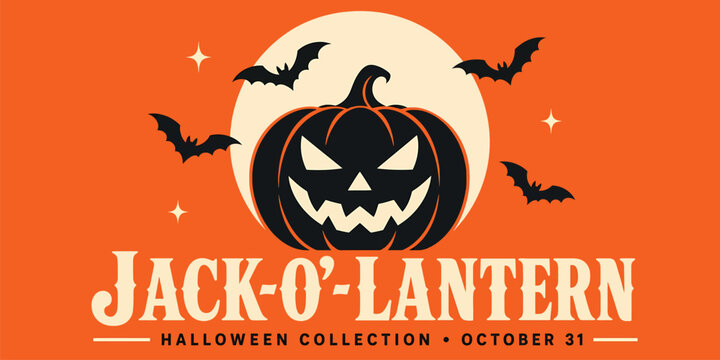 Halloween jackolantern banner with bats and moon, spooky pumpkin face illustration for holiday celebration, vector graphic design for october 31st party invitation or social media post