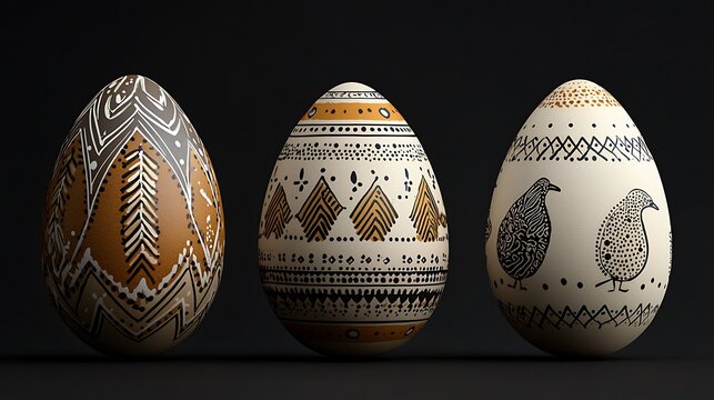 Three decorated eggs, intricate patterns