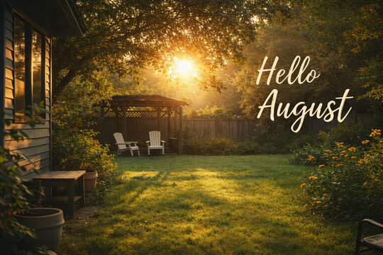 Hello August &mdash; warm summer evening in a peaceful backyard, wooden house, garden flowers, chairs under gazebo. Seasonal greetings, postcards, calendars.