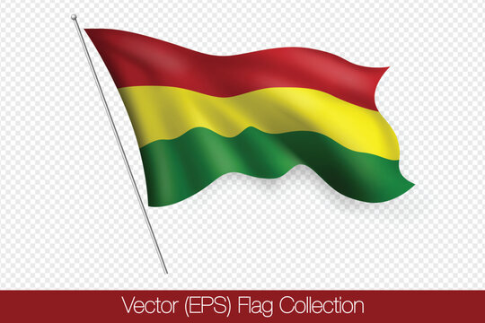 3D realistic red, yellow and green flag of Bolivia, vector (EPS) illustration isolated on transparent background. The flag twists on the wind, realistic shadows and light